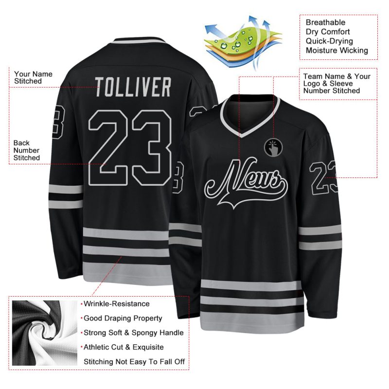 Personalized Black and Gray Hockey Jersey for Men, Custom Sports Apparel Personalized Black Black-Gray Hockey Jersey