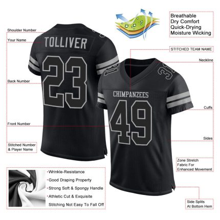 Customizable Mesh Football Jersey - Personalized Black & Gray Team Jersey with Name and Number Personalized Black Black-Gray