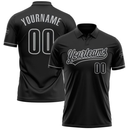 Custom Name and Number Black-Gray Performance Golf Polo Shirt - Personalized Team Sportswear Personalized Black Black-Gray