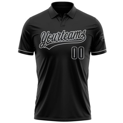 Custom Name and Number Black-Gray Performance Golf Polo Shirt - Personalized Team Sportswear Personalized Black Black-Gray