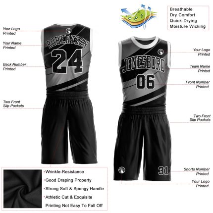 Custom Black-Gray Round Neck Basketball Jersey Suit for Men, Sublimation Design Personalized Black Black-Gray Round Neck