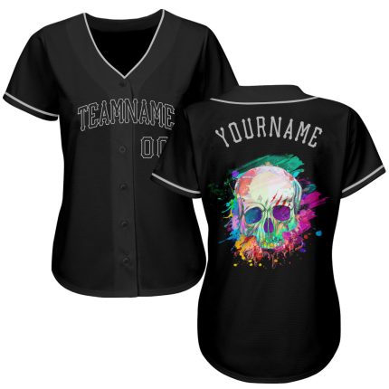 Personalized Black Gray Skull Baseball Jersey for Men - Fashion Sportswear Personalized Black Black-Gray Skull Fashion Baseball