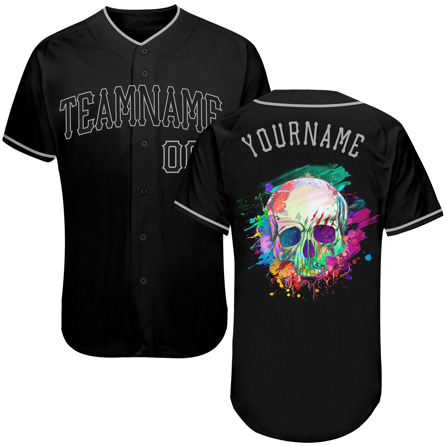 Personalized Black Gray Skull Baseball Jersey for Men - Fashion Sportswear Personalized Black Black-Gray Skull Fashion Baseball
