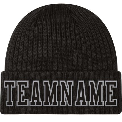 Personalized Black Gray Cuffed Knit Hat with Stitched Design - Custom Beanie Personalized Black Black-Gray Stitched Cuffed