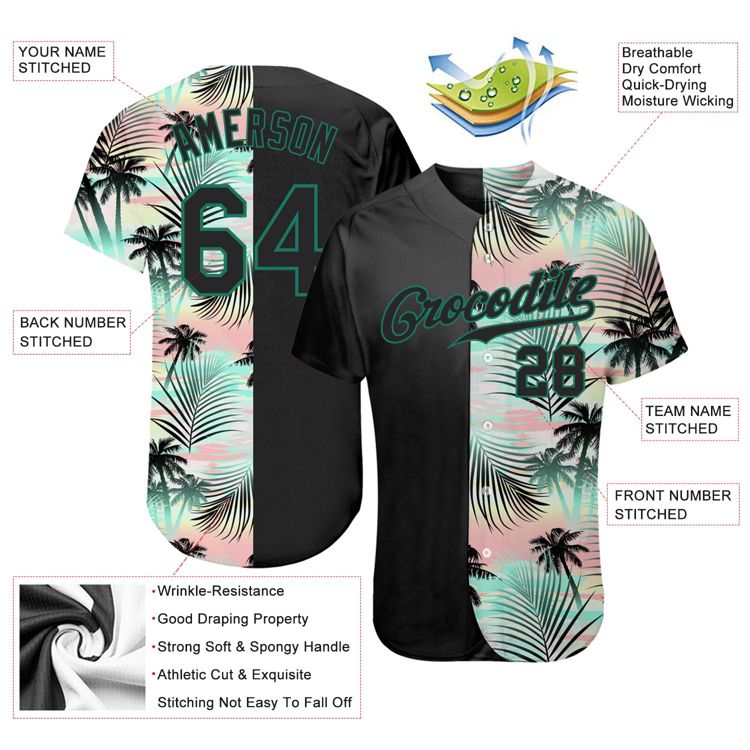 Personalized Black Black-Kelly Green 3D Pattern Design Tropical Palm Leaves Authentic Baseball Jersey Team Custom Name and Number Personalized Tropical Palm Leaves Baseball Jersey with Custom Name & Number, Black & Kelly Green 3D Pattern Design Personalized - Image 3