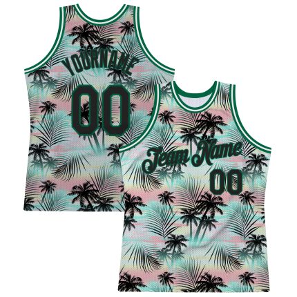 Personalized Basketball Jersey with Custom Name & Number, Black Kelly Green 3D Hawaiian Palm Leaves Design Personalized Black