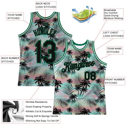 Personalized 3D Tropical Hawaii Palm Leaves Basketball Jersey in Black Kelly Green Personalized Black Black-Kelly Green 3D