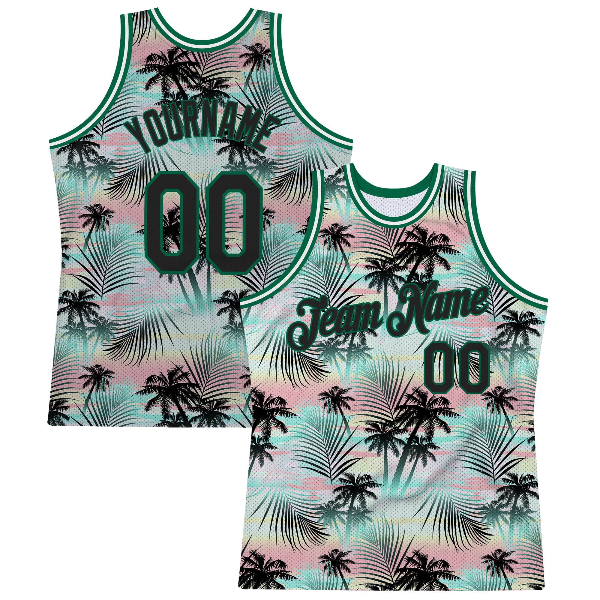 Personalized 3D Tropical Hawaii Palm Leaves Basketball Jersey in Black Kelly Green Personalized Black Black-Kelly Green 3D