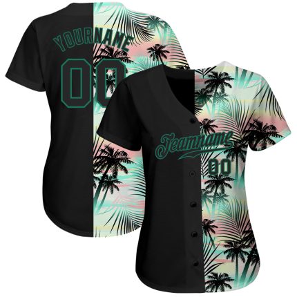 Personalized 3D Tropical Palm Leaves Baseball Jersey in Black and Kelly Green Personalized Black Black-Kelly Green 3D Tropical
