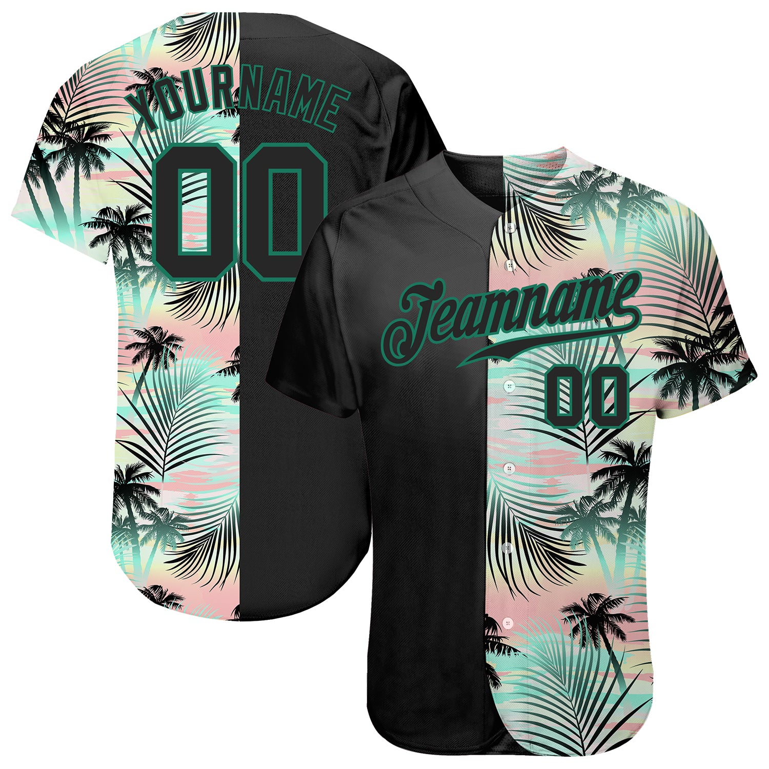 Personalized 3D Tropical Palm Leaves Baseball Jersey in Black and Kelly Green Personalized Black Black-Kelly Green 3D Tropical