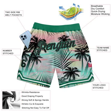 Personalized 3D Tropical Palm Basketball Shorts in Black and Kelly Green Personalized Black Black-Kelly Green 3D Tropical