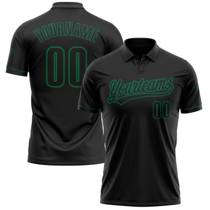 Personalized Black Kelly Green Performance Golf Polo Shirt for Men, Custom Design Personalized Black Black-Kelly Green Performance