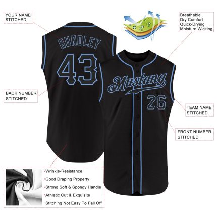 Custom Name and Number Personalized Black and Light Blue Sleeveless Baseball Jersey - Authentic Team Apparel Personalized
