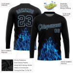 Personalized Black Light Blue Flame 3D Long Sleeve T-Shirt for Performance Personalized Black Black-Light Blue Flame 3D Long