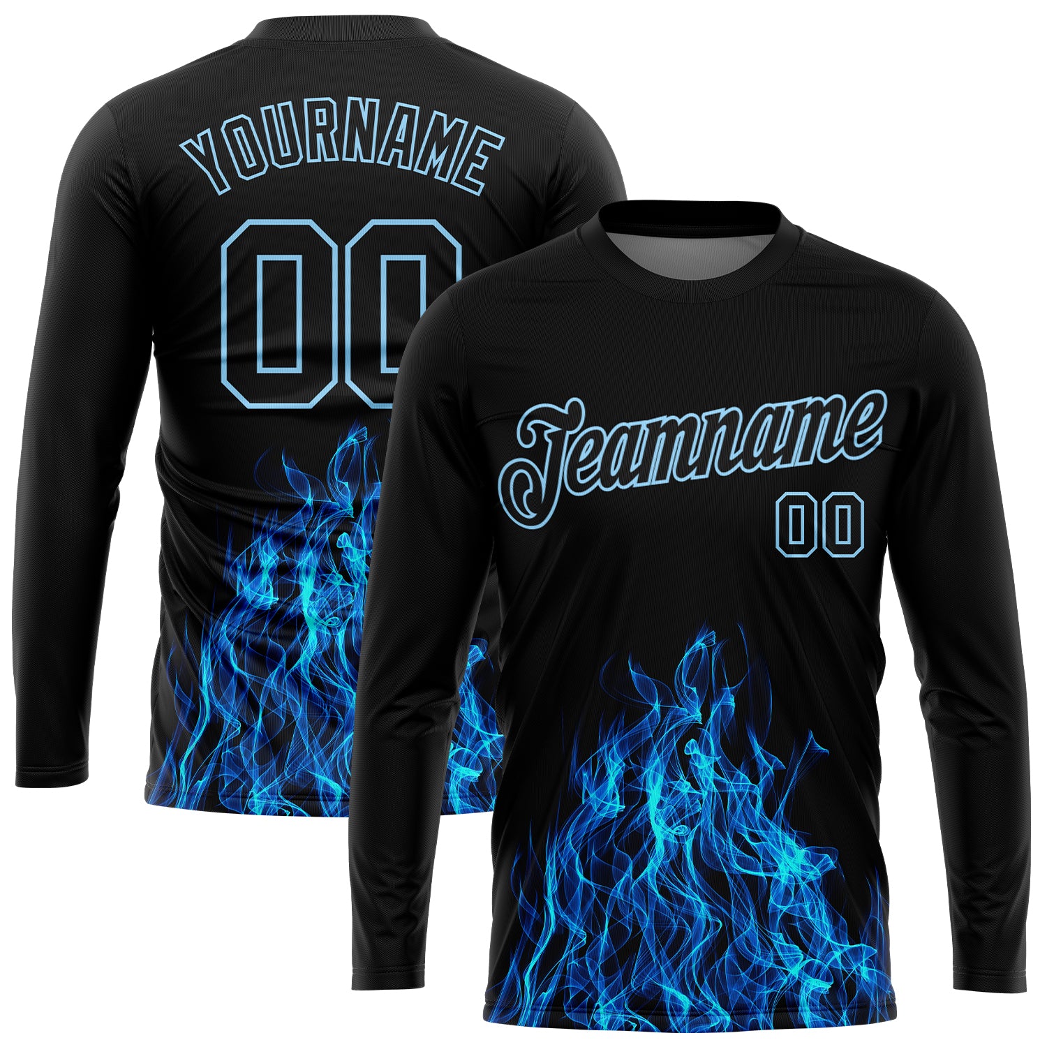 Custom Name and Number Performance T-Shirt - Personalized Black and Light Blue Flame 3D Pattern Long Sleeve Personalized