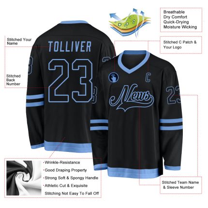 Custom Black and Light Blue Hockey Jersey with Personalized Name and Number - Team Apparel Personalized Black Black-Light