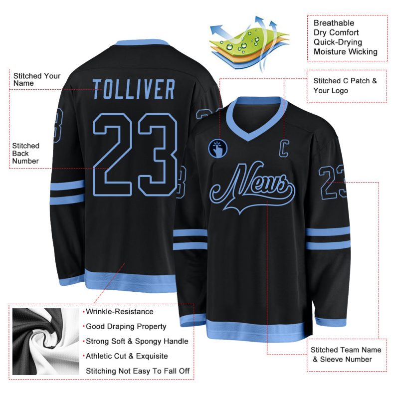 Custom Black and Light Blue Hockey Jersey with Personalized Name and Number - Team Apparel Personalized Black Black-Light