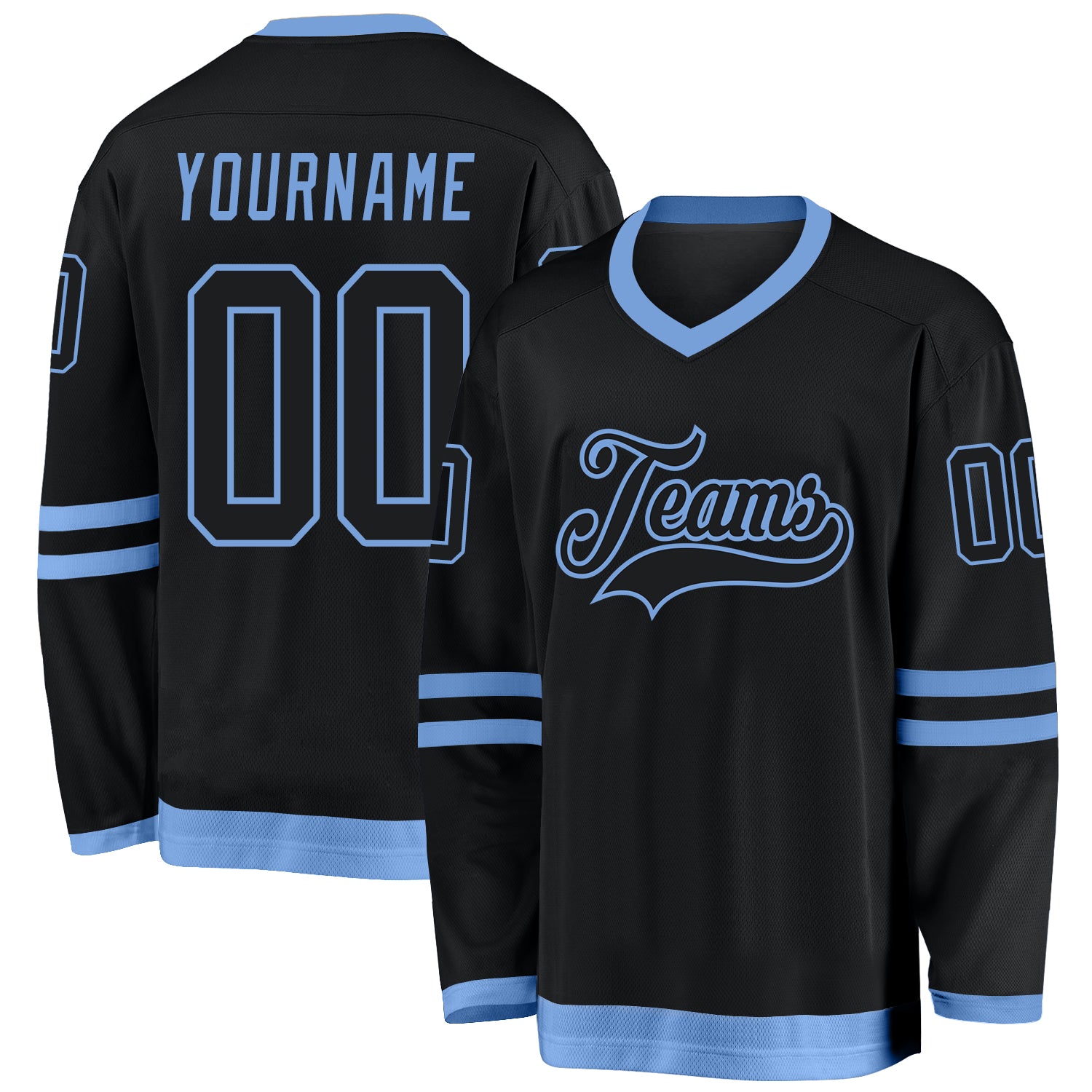 Personalized Black Light Blue Hockey Jersey - Custom Sports Apparel Personalized Black Black-Light Blue Hockey Jersey