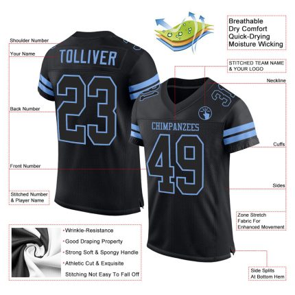 Custom Authentic Football Jersey - Personalized Black Light Blue Mesh, Team Name & Number Personalized Black Black-Light