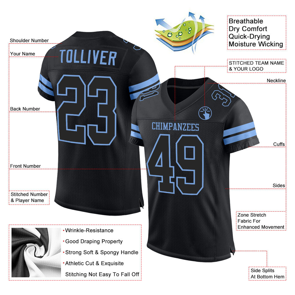 Personalized Black Black-Light Blue Mesh Football Jersey Personalized Black Light Blue Mesh Football Jersey for Custom Sports Team Wear Personalized Black Black-Light Blue Mesh Football - Image 2