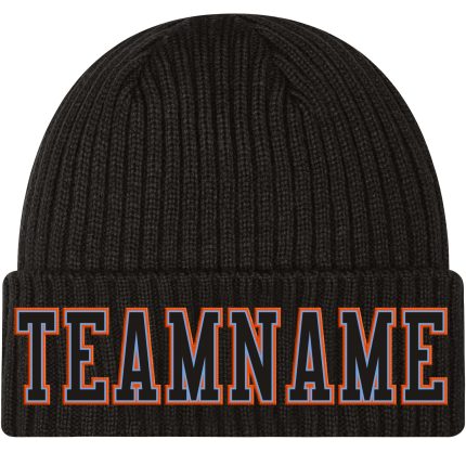 Custom Personalized Black Light Blue Orange Stitched Cuffed Knit Hat with Team Name and Number Personalized Black Black Light