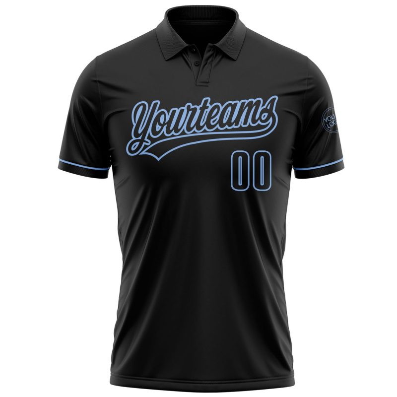 Personalized Black Light Blue Vapor Performance Golf Polo Shirt Personalized Black Black-Light Blue Performance Vapor Golf