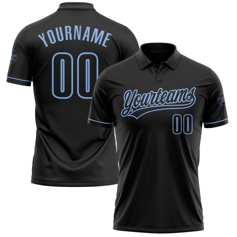 Personalized Black Light Blue Vapor Performance Golf Polo Shirt Personalized Black Black-Light Blue Performance Vapor Golf