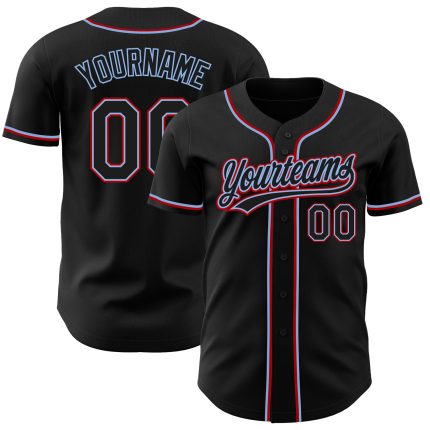 Personalized Black Light Blue Red Baseball Jersey - Custom Team Apparel Personalized Black Black Light Blue-Red Baseball