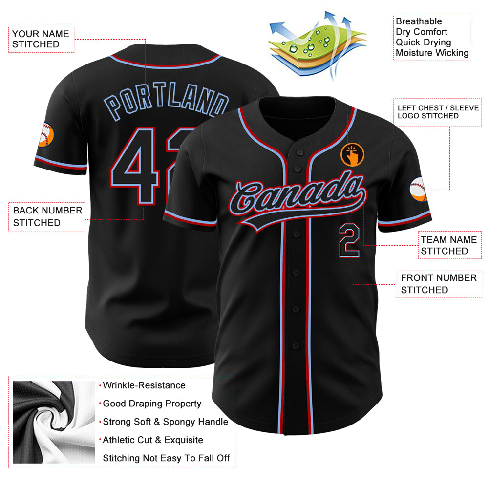 Personalized Black Light Blue Red Baseball Jersey - Custom Team Apparel Personalized Black Black Light Blue-Red Baseball - Image 3