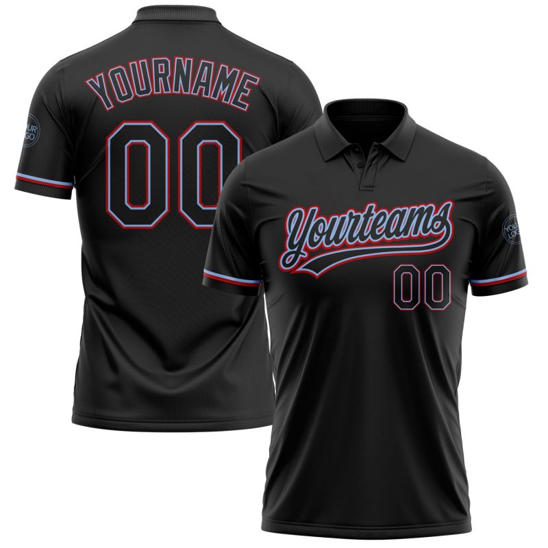 Personalized Black Light Blue-Red Performance Vapor Golf Polo Shirt for Men Personalized Black Black Light Blue-Red Performance