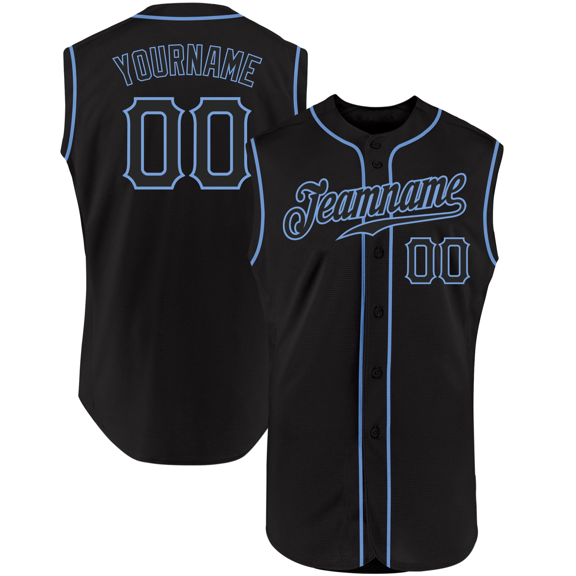 Personalized Black Blue Sleeveless Baseball Jersey for Men and Women Personalized Black Black-Light Blue Sleeveless Baseball