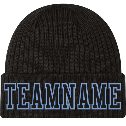 Custom Name Number Knit Hat with Black and Light Blue Stitching - Personalized Cuffed Beanie Personalized Black Black-Light