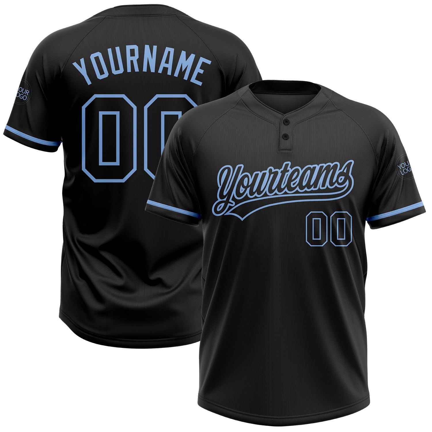 Custom Name and Number Unisex Softball Jersey - Personalized Black and Light Blue Two-Button Design Personalized Black Black-Light