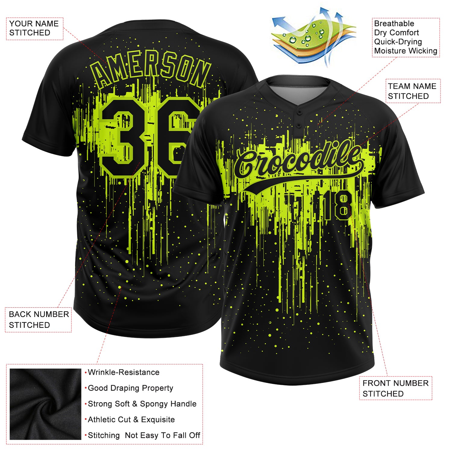 Personalized Black Black-Neon Green 3D Two-Button Unisex Softball Jersey Personalized Black Neon Green 3D Unisex Softball Jersey - Customizable Two-Button Design Personalized Black Black-Neon Green - Image 3