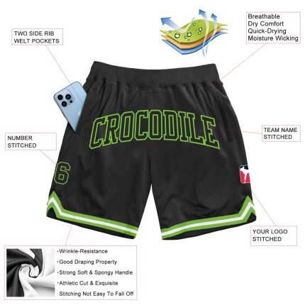 Personalized Black Neon Green Basketball Shorts with Custom Name and Number - Authentic Throwback Style Personalized Black
