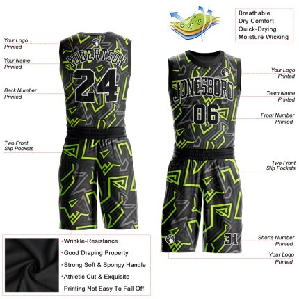 Custom Name and Number Basketball Jersey - Personalized Black and Neon Green Sublimation Round Neck Suit Personalized Black