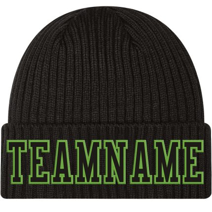 Custom Name and Number Cuffed Knit Hat - Personalized Black and Neon Green Stitched Team Beanie Personalized Black Black-Neon