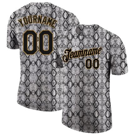 Custom Name and Number Snakeskin Performance T-Shirt - Personalized Black and Old Gold 3D Pattern Design Personalized Black