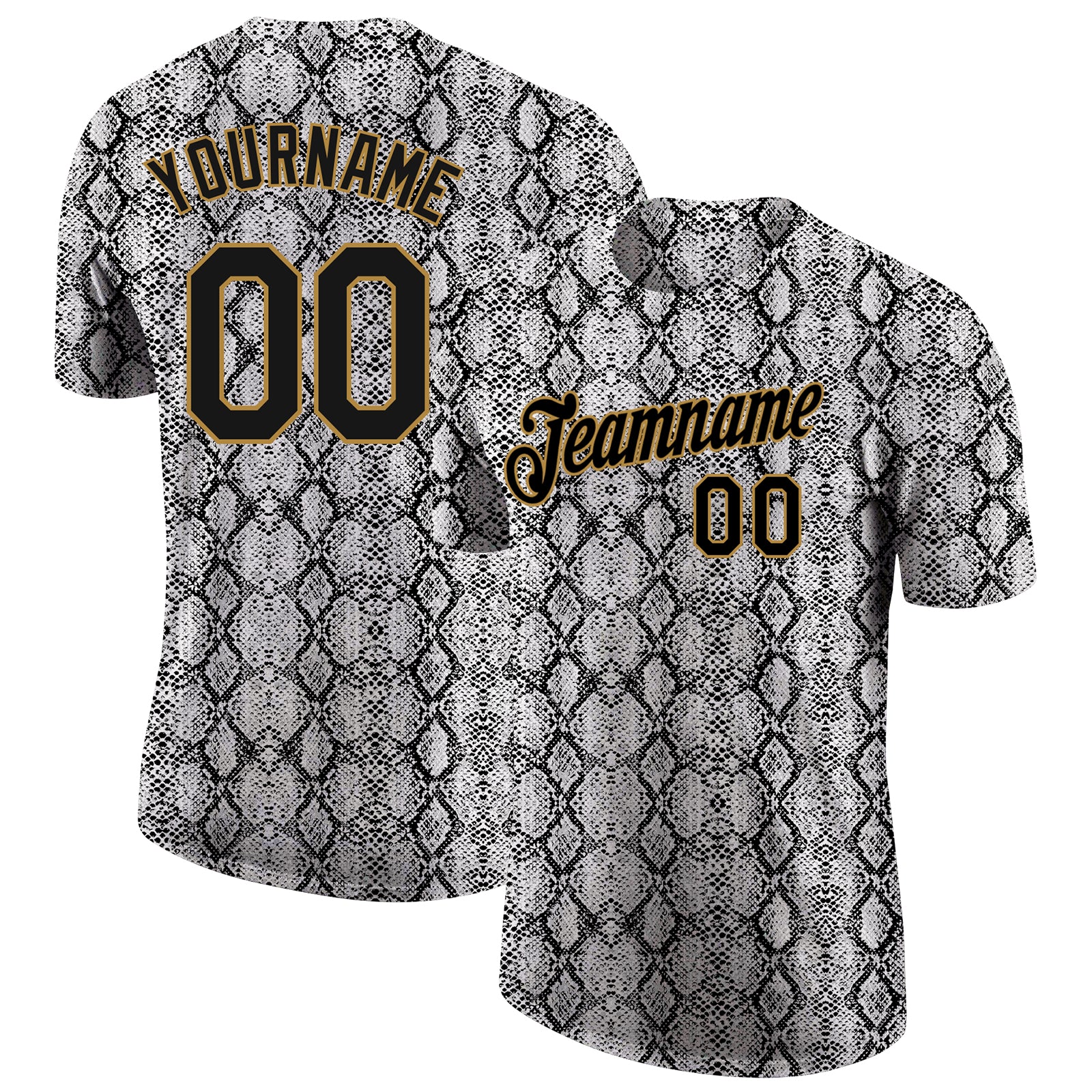 Custom Name and Number Snakeskin Performance T-Shirt - Personalized Black and Old Gold 3D Pattern Design Personalized Black