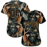 Custom Name and Number Baseball Jersey with 3D Tiger and Peacock Pattern - Personalized Black and Gold Design Personalized