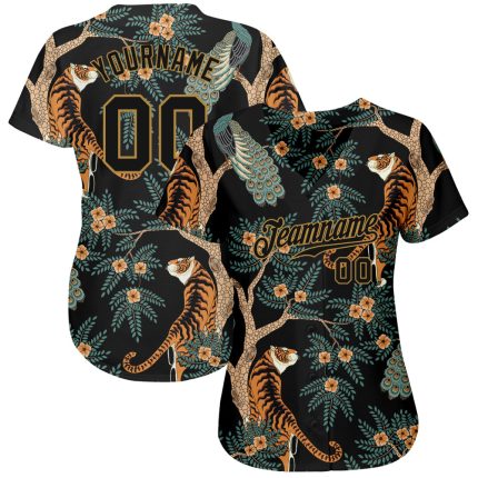 Custom Name and Number Baseball Jersey with 3D Tiger and Peacock Pattern - Personalized Black and Gold Design Personalized
