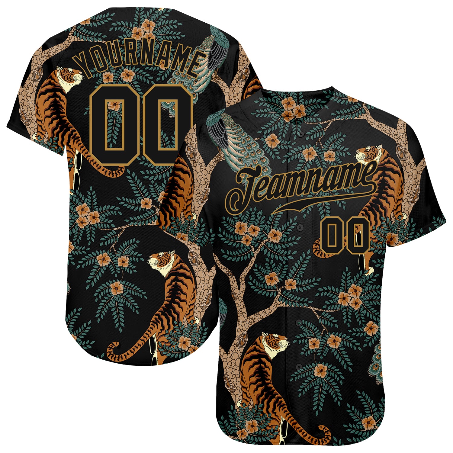 Custom Name and Number Baseball Jersey with 3D Tiger and Peacock Pattern - Personalized Black and Gold Design Personalized