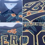 Custom Name and Number Personalized Tiger and Peacock 3D Pattern Golf Polo Shirt in Black and Old Gold Performance Design