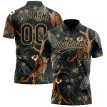 Custom Name and Number Personalized Tiger and Peacock 3D Pattern Golf Polo Shirt in Black and Old Gold Performance Design