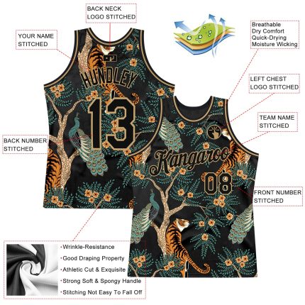 Personalized 3D Tiger Peacock Basketball Jersey in Black and Gold Personalized Black Black-Old Gold 3D Tiger And Peacock
