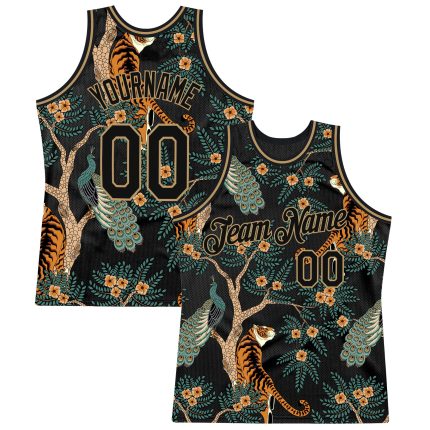 Personalized 3D Tiger Peacock Basketball Jersey in Black and Gold Personalized Black Black-Old Gold 3D Tiger And Peacock