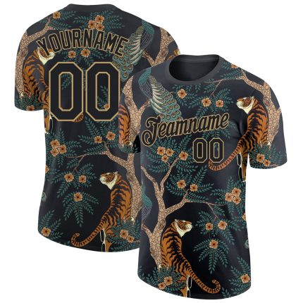 Personalized 3D Tiger and Peacock Performance T-Shirt in Black and Gold Personalized Black Black-Old Gold 3D Tiger And Peacock