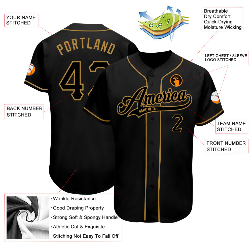 Personalized Black Black-Old Gold Authentic Baseball Jersey Personalized Black Authentic Baseball Jersey with Old Gold Accents Personalized Black Black-Old Gold Authentic Baseball Jersey - Image 3