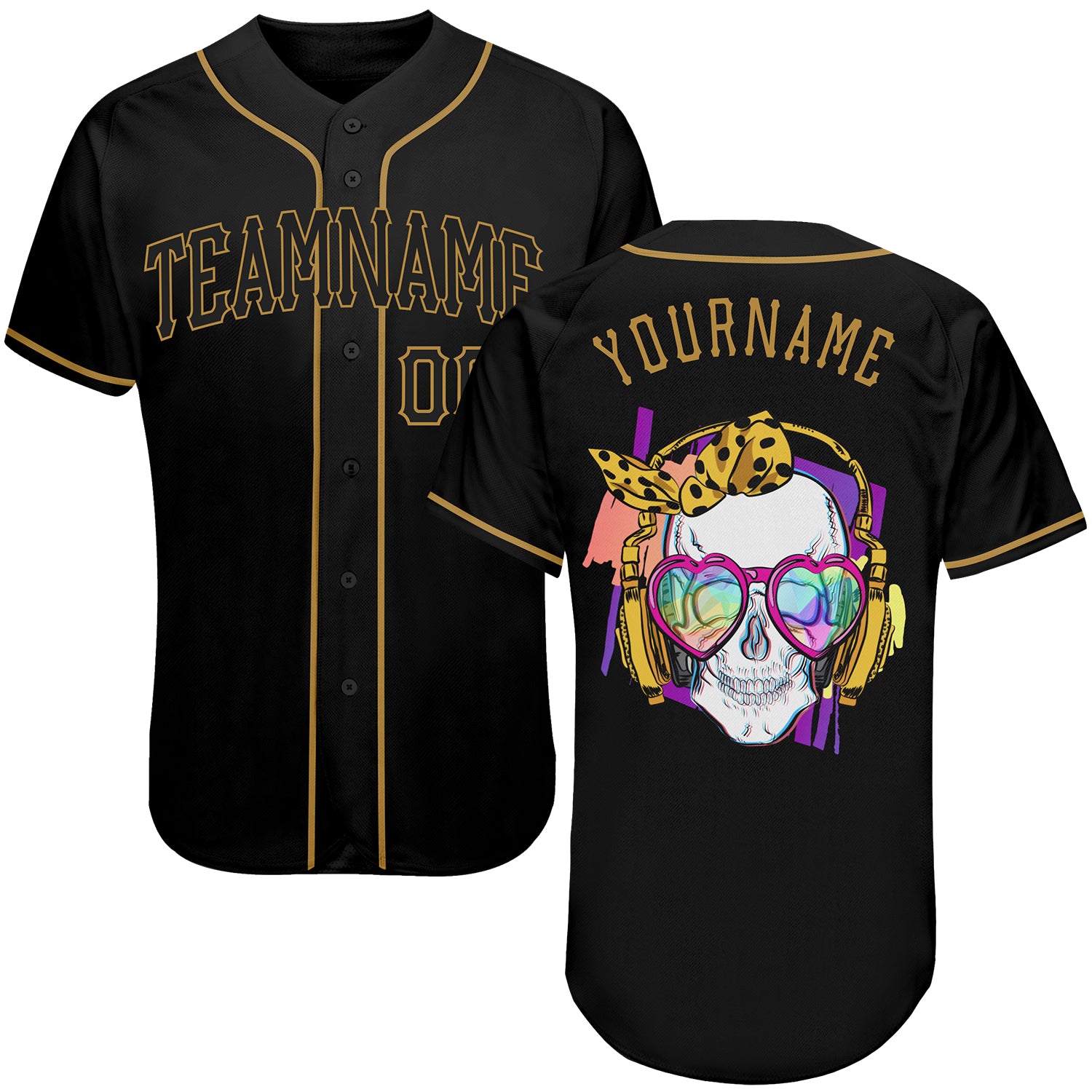 Personalized Black Skull Baseball Jersey - Authentic Gold Accent Fashion Jersey Personalized Black Black-Old Gold Authentic