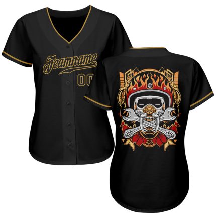 Personalized Authentic Skull Fashion Baseball Jersey - Custom Name & Number - Black and Old Gold Personalized Black Black-Old